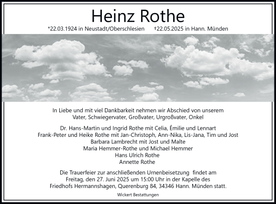 Traueranzeige von Heinz Rothe von Harz Kurier