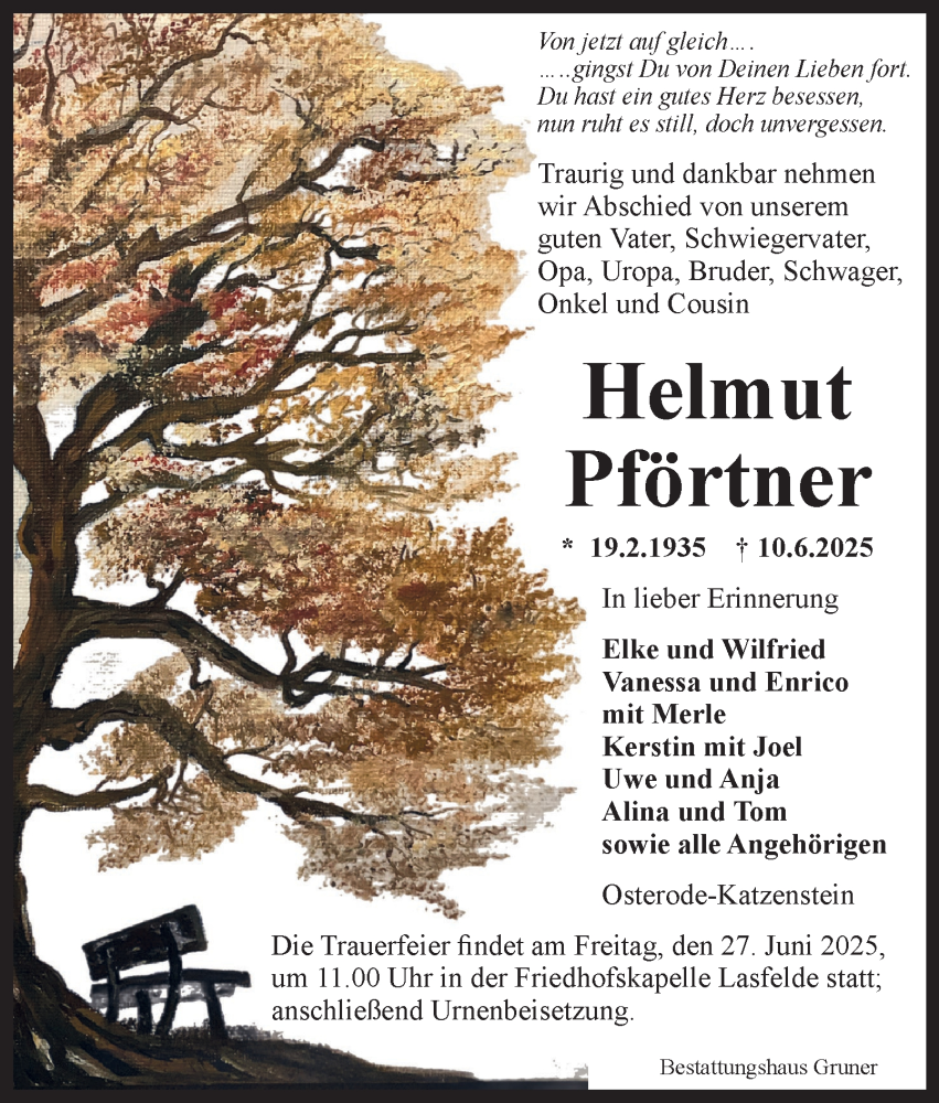  Traueranzeige für Helmut Pförtner vom 21.06.2025 aus Harz Kurier