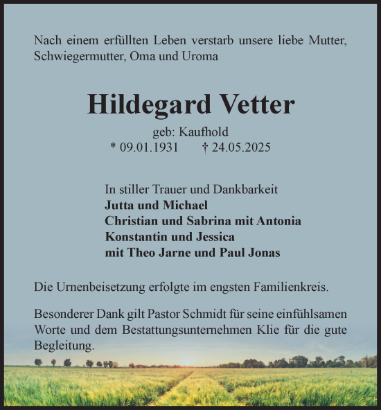 Traueranzeige von Hildegard Vetter von Harz Kurier