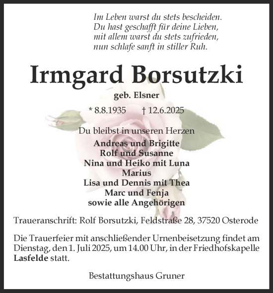 Traueranzeige von Irmgard Borsutzki von Harz Kurier