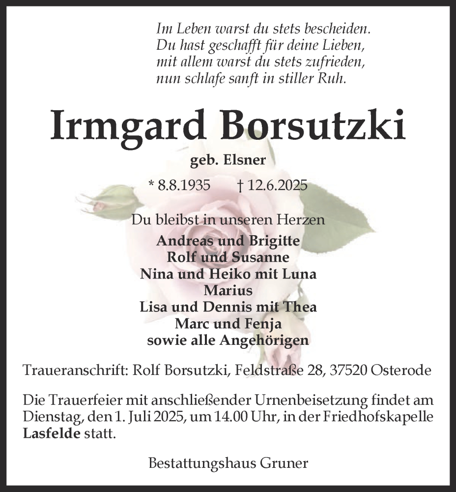  Traueranzeige für Irmgard Borsutzki vom 28.06.2025 aus Harz Kurier