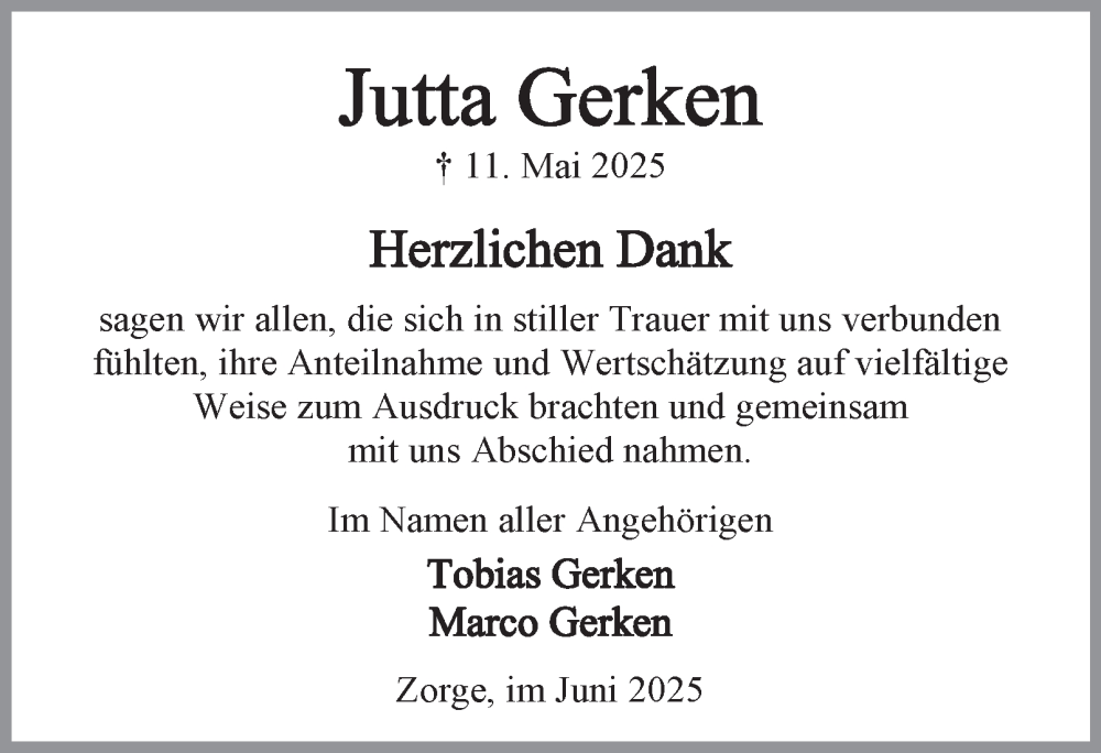  Traueranzeige für Jutta Gerken vom 07.06.2025 aus Harz Kurier