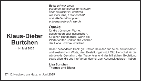 Traueranzeige von Klaus-Dieter Burtchen von Harz Kurier
