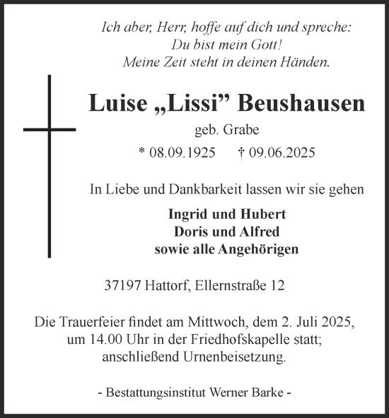 Traueranzeige von Luise Beushausen von Harz Kurier