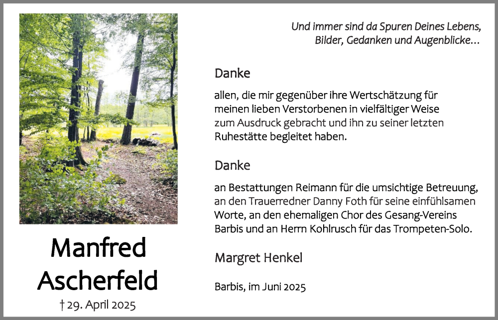  Traueranzeige für Manfred Ascherfeld vom 07.06.2025 aus Harz Kurier