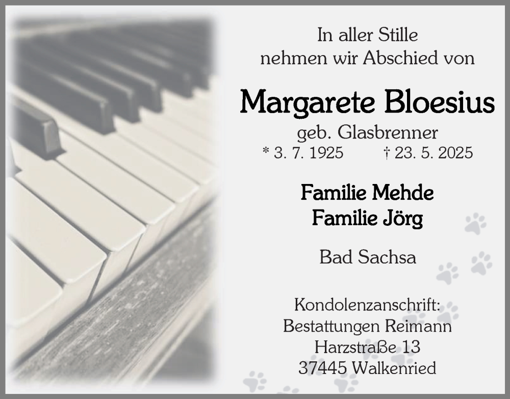  Traueranzeige für Margarete Bloesius vom 14.06.2025 aus Harz Kurier