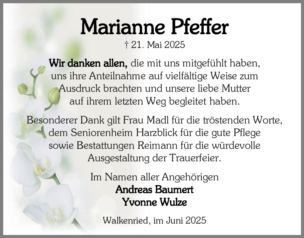  Traueranzeige für Marianne Pfeffer vom 14.06.2025 aus Harz Kurier
