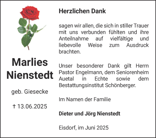 Traueranzeige von Marlies Nienstedt von Harz Kurier