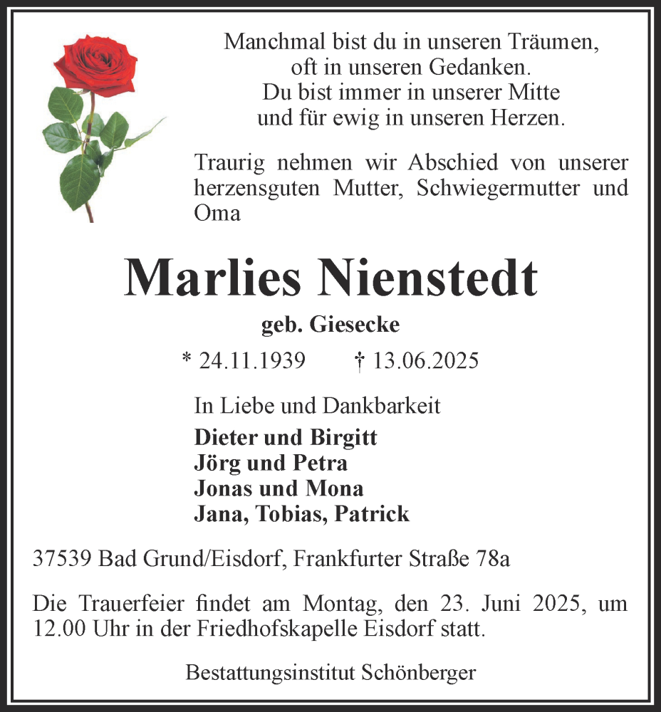  Traueranzeige für Marlies Nienstedt vom 19.06.2025 aus Harz Kurier