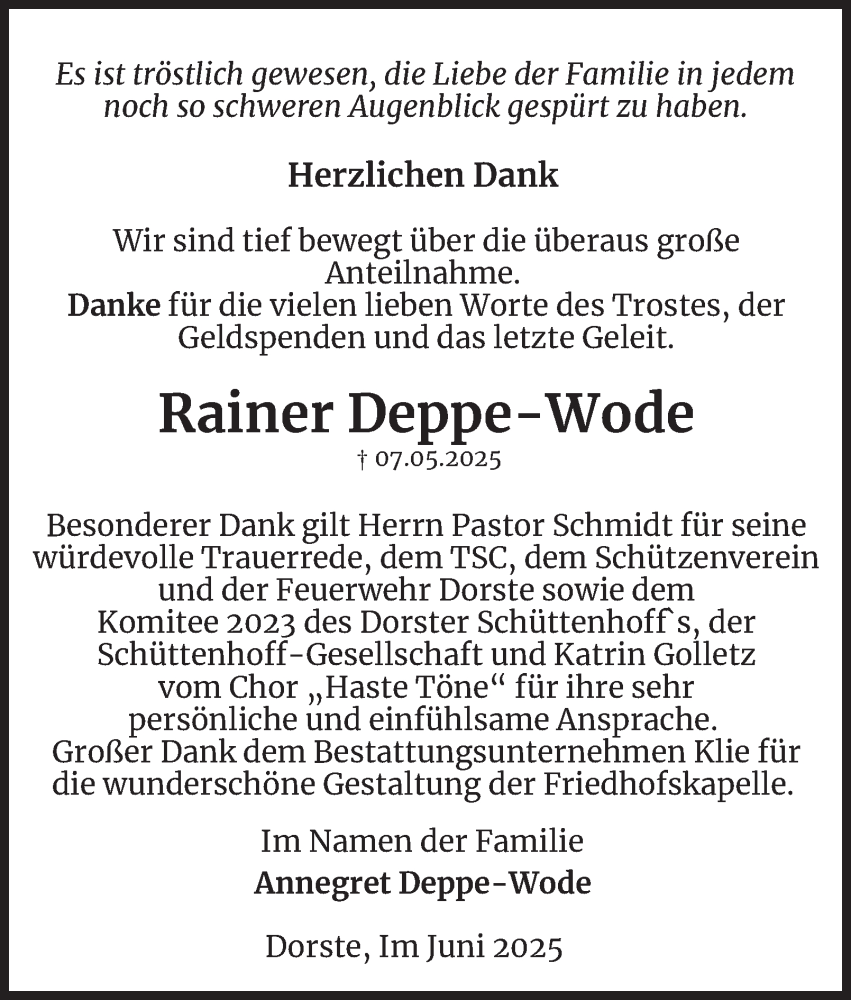  Traueranzeige für Rainer Deppe-Wode vom 07.06.2025 aus Harz Kurier