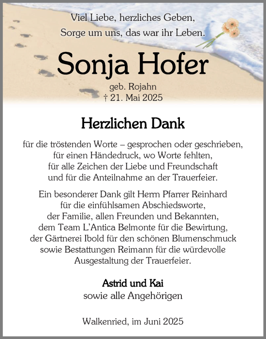 Traueranzeige von Sonja Hofer von Harz Kurier
