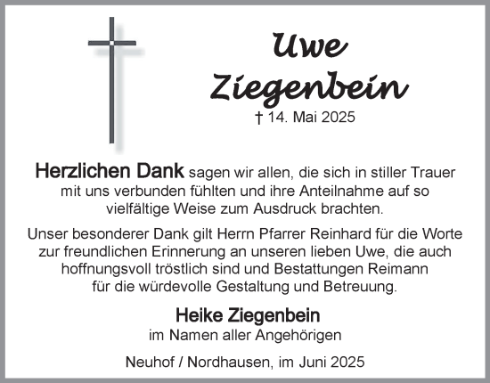 Traueranzeige von Uwe Ziegenbein von Harz Kurier