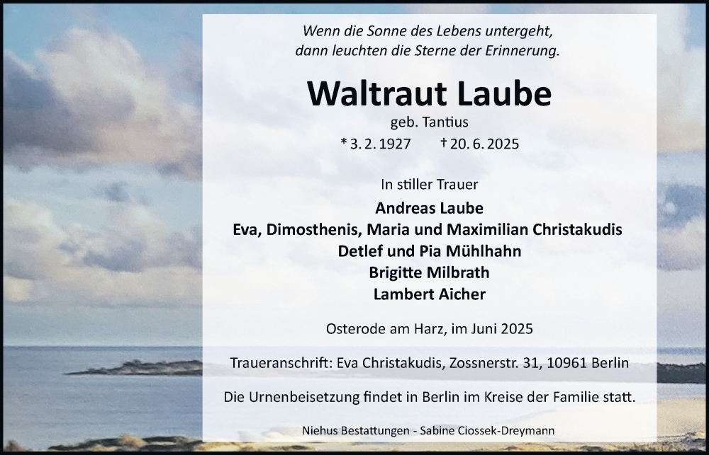  Traueranzeige für Waltraut Laube vom 28.06.2025 aus Harz Kurier