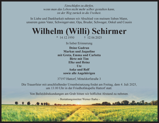 Traueranzeige von Wilhelm Schirmer von Harz Kurier