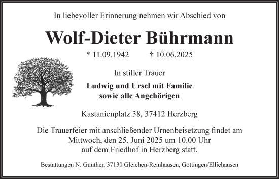 Traueranzeige von Wolf-Dieter Bührmann von Harz Kurier
