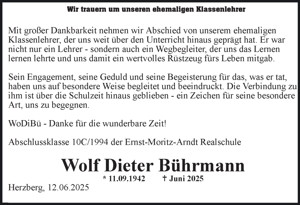  Traueranzeige für Wolf Dieter Bührmann vom 14.06.2025 aus Harz Kurier
