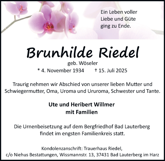 Traueranzeige von Brunhilde Riedel von Harz Kurier