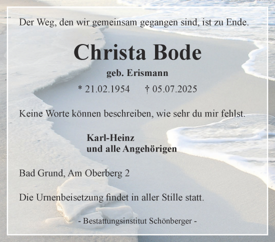 Traueranzeige von Christa Bode von Harz Kurier
