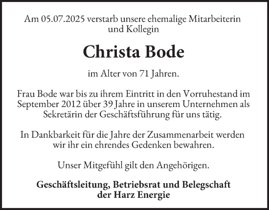 Traueranzeige von Christa Bode von Harz Kurier