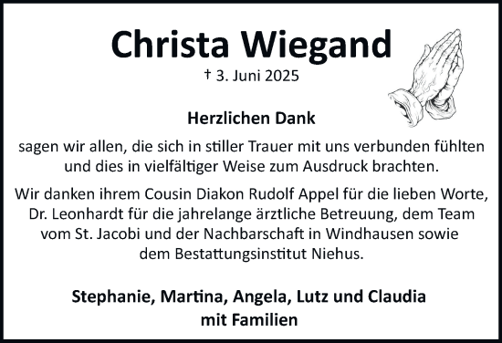 Traueranzeige von Christa Wiegand von Harz Kurier