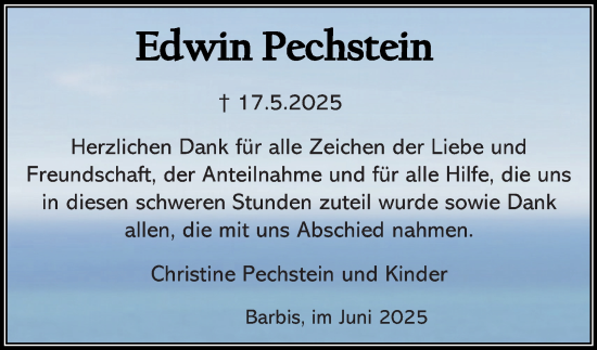 Traueranzeige von Edwin Pechstein von Harz Kurier