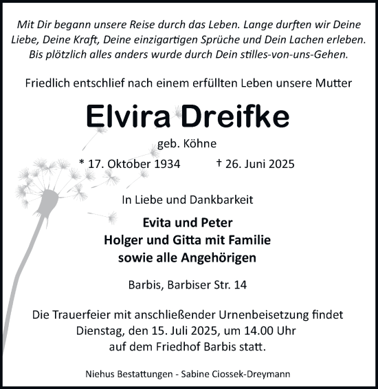 Traueranzeige von Elvira Dreifke von Harz Kurier