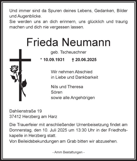 Traueranzeige von Frieda Neumann von Harz Kurier
