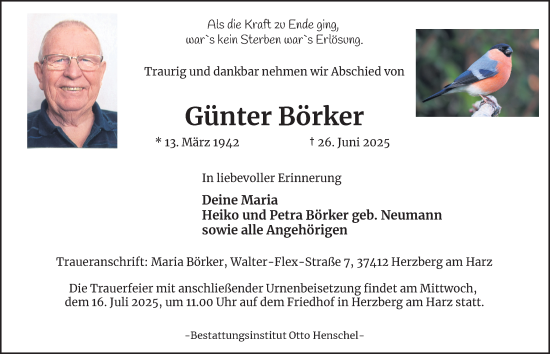 Traueranzeige von Günter Börker von Harz Kurier