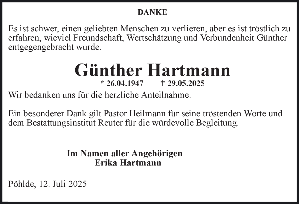  Traueranzeige für Günther Hartmann vom 12.07.2025 aus Harz Kurier