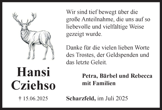 Traueranzeige von Hansi Cziehso von Harz Kurier
