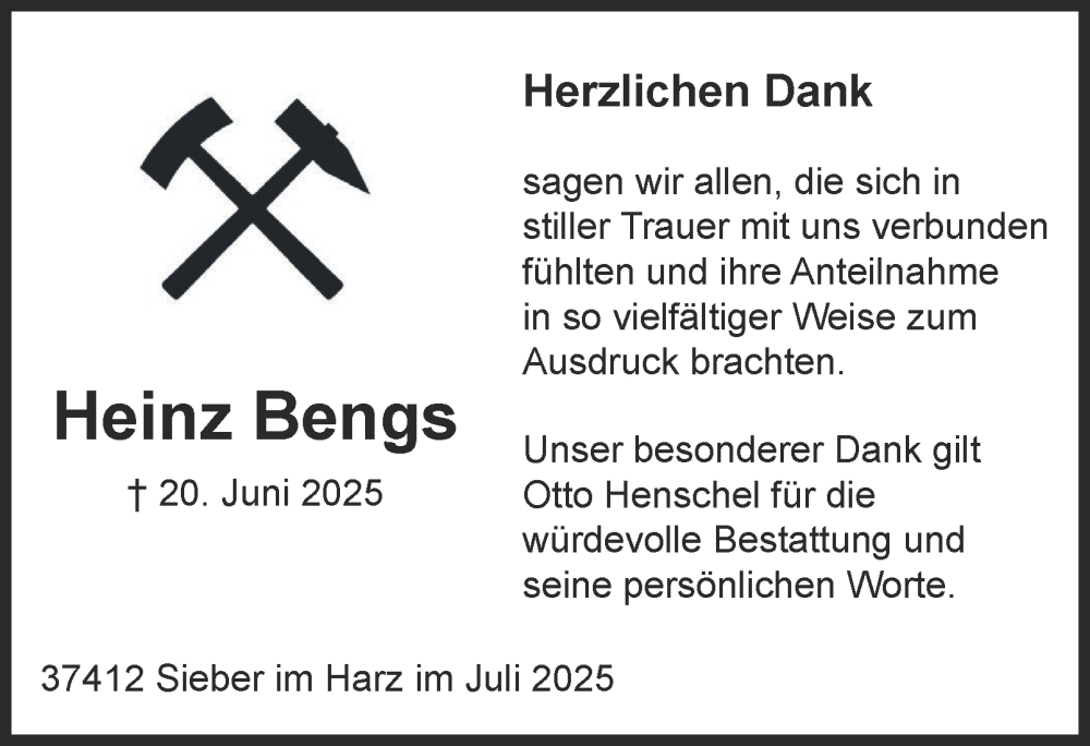 Traueranzeige für Heinz Bengs vom 30.07.2025 aus Harz Kurier