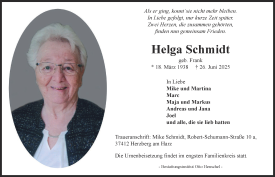 Traueranzeige von Helga Schmidt von Harz Kurier