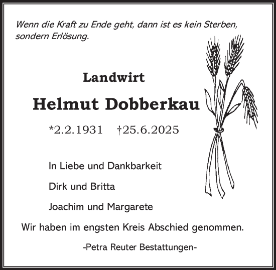 Traueranzeige von Helmut Dobberkau von Harz Kurier