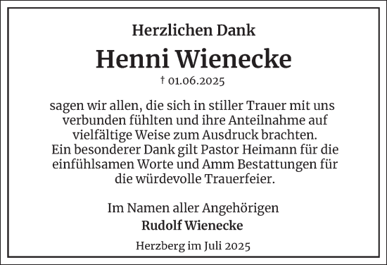 Traueranzeige von Henni Wienecke von Harz Kurier