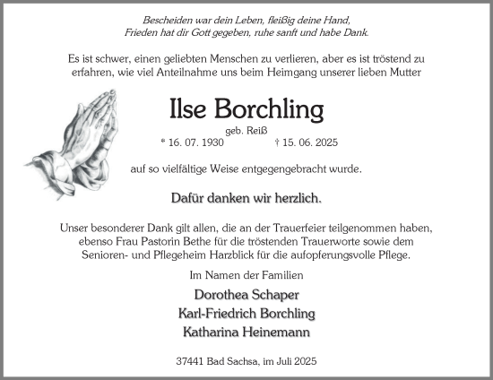 Traueranzeige von Ilse Borchling von Harz Kurier