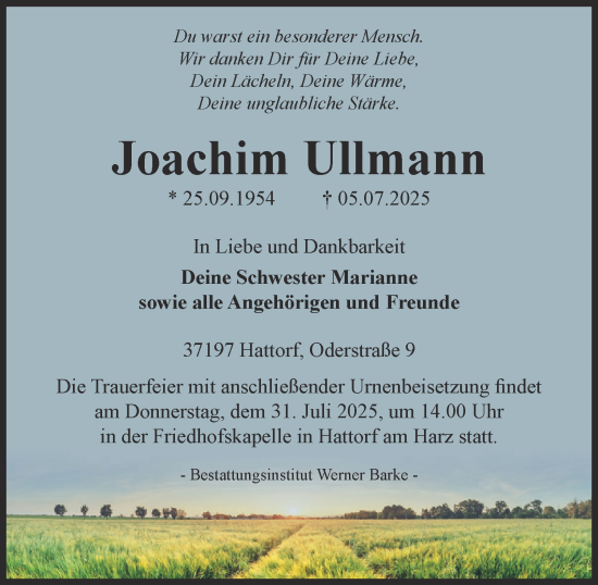Traueranzeige von Joachim Ullmann von Harz Kurier
