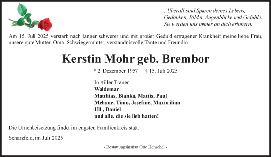 Traueranzeige von Kerstin Mohr von Harz Kurier