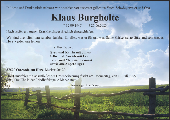 Traueranzeige von Klaus Burgholte von Harz Kurier