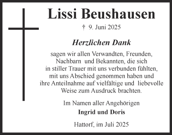 Traueranzeige von Lissi Beushausen von Harz Kurier