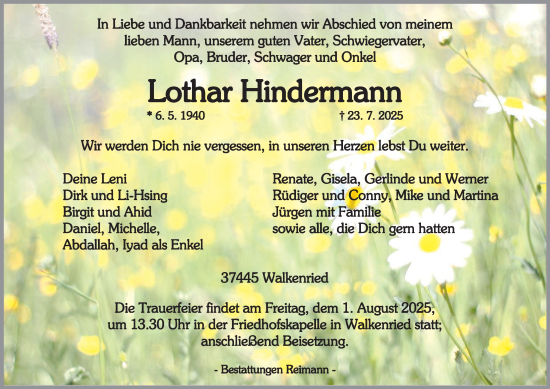 Traueranzeige von Lothar Hindermann von Harz Kurier