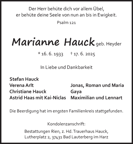 Traueranzeige von Marianne Hauck von Harz Kurier