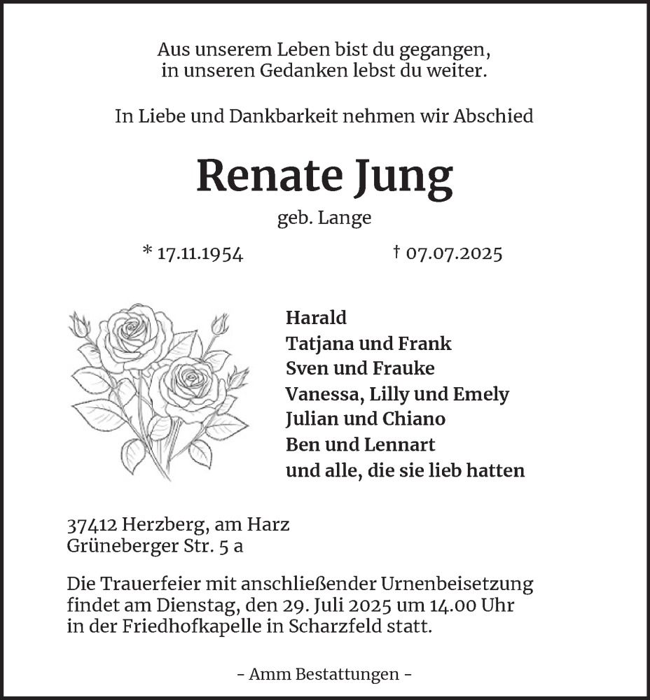  Traueranzeige für Renate Jung vom 19.07.2025 aus Harz Kurier