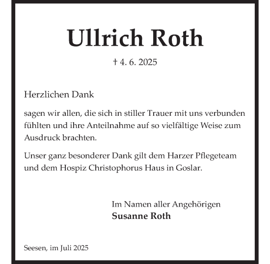 Traueranzeige von Ullrich Roth von Harz Kurier