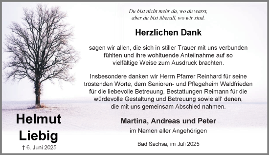 Traueranzeige von Unbekannt Liebig von Harz Kurier