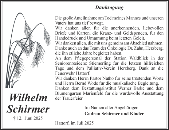 Traueranzeige von Wilhelm Schirmer von Harz Kurier