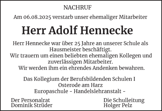 Traueranzeige von Adolf Hennecke von Harz Kurier