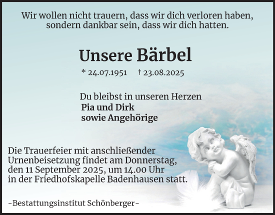 Traueranzeige von Bärbel  von Harz Kurier