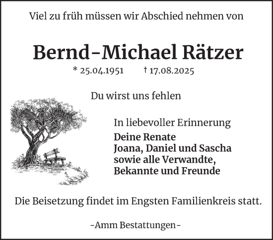 Traueranzeige von Bernd-Michael Rätzer von Harz Kurier