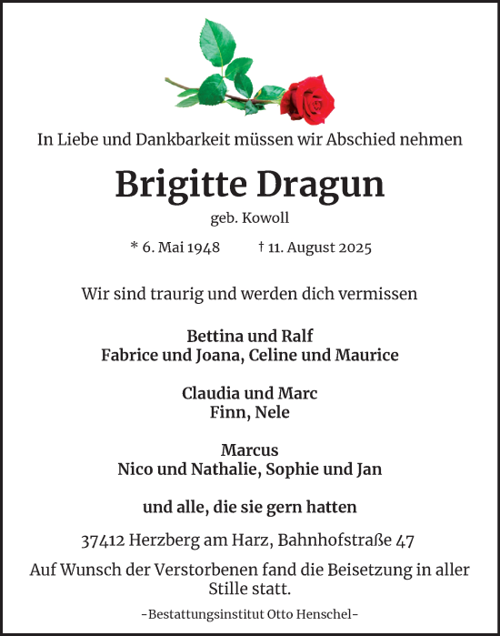 Traueranzeige von Brigitte Dragun von Harz Kurier
