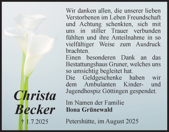 Traueranzeige von Christa Becker von Harz Kurier